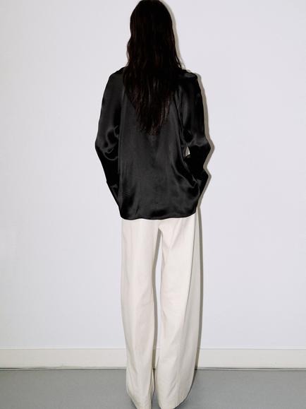 Mango Pure Silk Funnel Neck Drape Blouse, Black - view 2, Black