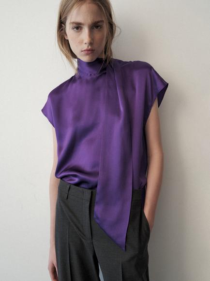 Mango Mulberry Silk Tie Neck Blouse, Violet, Violet