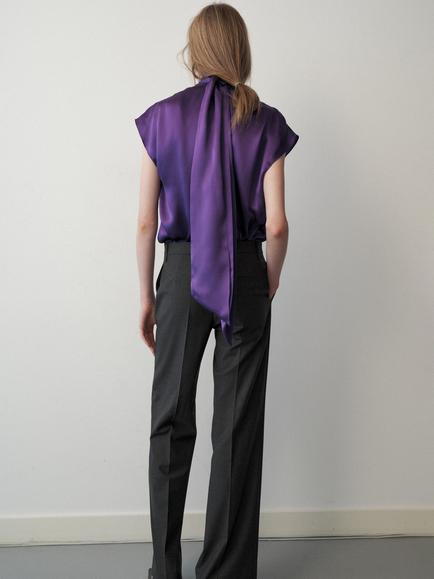 Mango Mulberry Silk Tie Neck Blouse, Violet - view 2, Violet