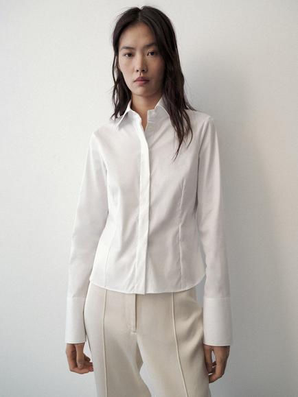 Mango Cropped Tailored Long Sleeve Shirt, White, White