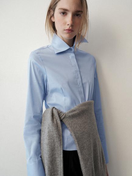 Mango Cropped Tailored Long Sleeve Shirt, Sky Blue, Sky Blue