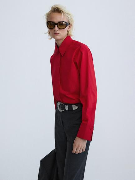 Mango Relaxed Fit Long Sleeve Shirt, Red, Red