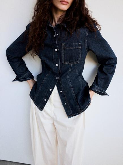 Mango Cotton Denim Straight Fit Shirt, Dark Blue, Dark Blue