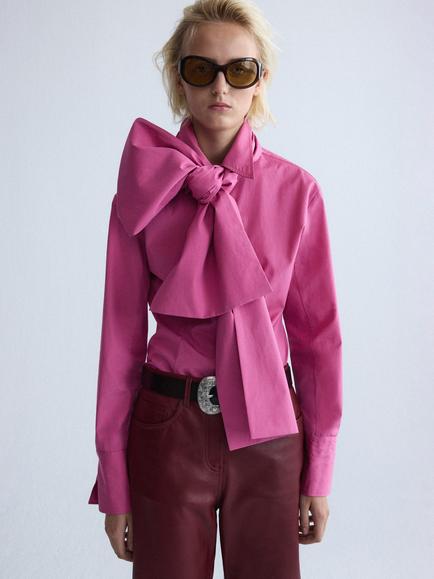Mango Long Sleeve Oversized Bow Shirt, Pink, Pink