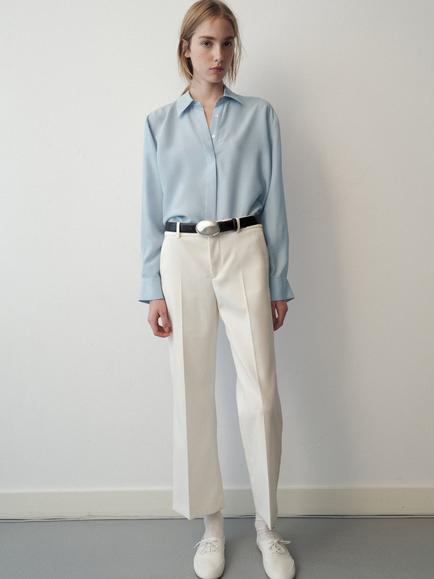 Mango Long Sleeve Draped Silk Shirt, Sky Blue, Sky Blue