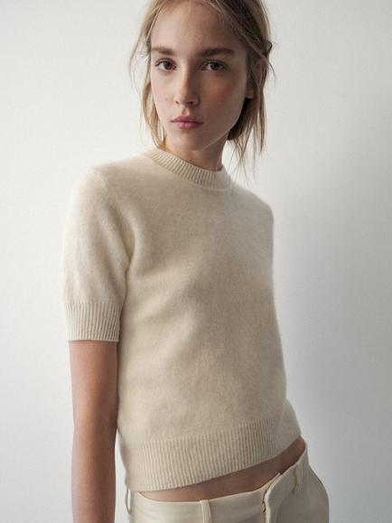 Mango Short-Sleeve Crew Neck Pure Wool Knit Sweater, White