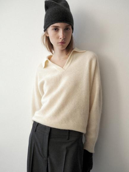 Mango Polo Collar Pure Wool V-Neck Jumper, Pastel Yellow