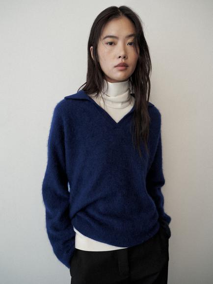 Mango Polo Collar Pure Wool V-Neck Jumper, Ink