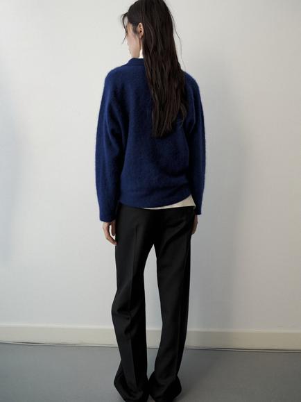 Mango Polo Collar Pure Wool V-Neck Jumper - view 2, Ink