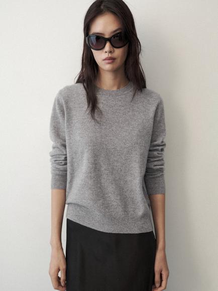 Mango Relaxed Cashmere Crew Neck Sweater, Light Grey Melange
