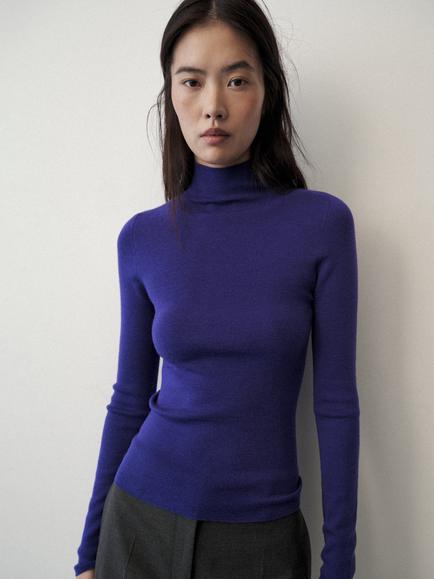 Mango Wool Fine Knit High Neck Jumper, Plum