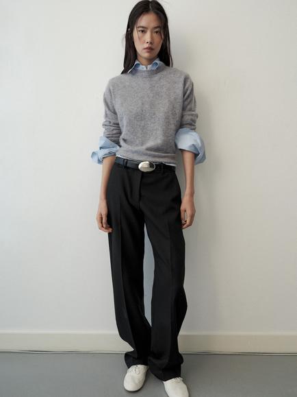 Mango Brushed Wool Crew Neck Jumper, Dark Grey Melange