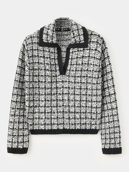 Mango Textured Check Collared Jumper, Black, Black