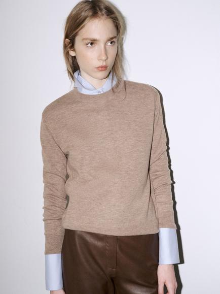 Mango Fine Gauge Wool Crew Neck Jumper, Taupe