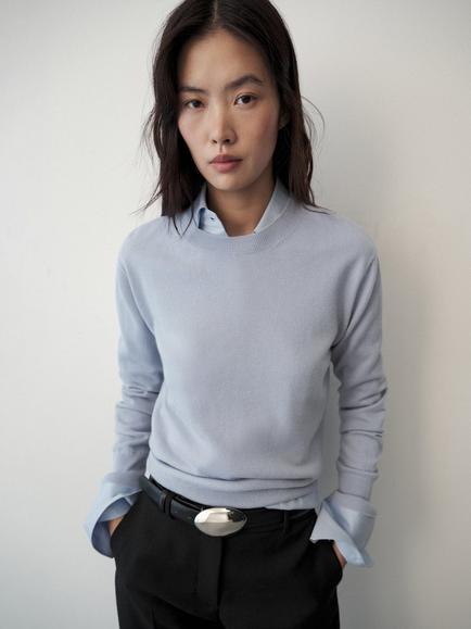 Mango Fine Gauge Wool Crew Neck Jumper, Sky Blue