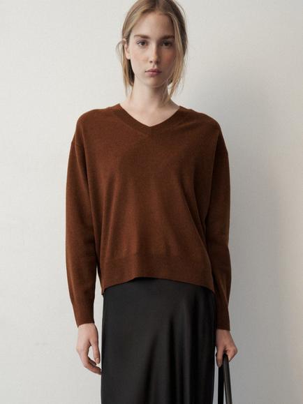 Mango Wool V-Neck Jumper, Caramel