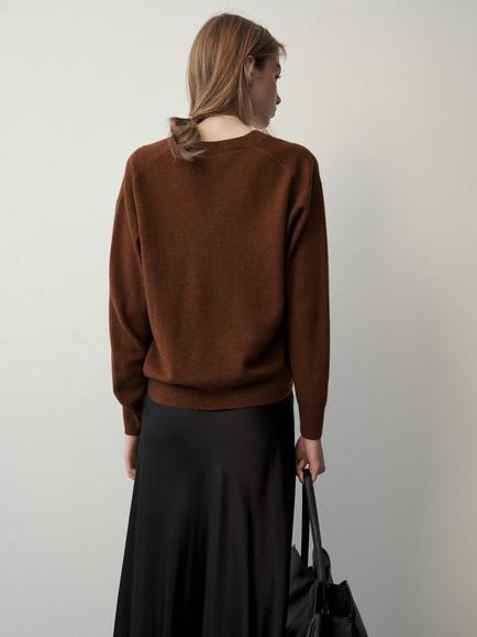 Mango Wool V-Neck Jumper - view 2, Caramel