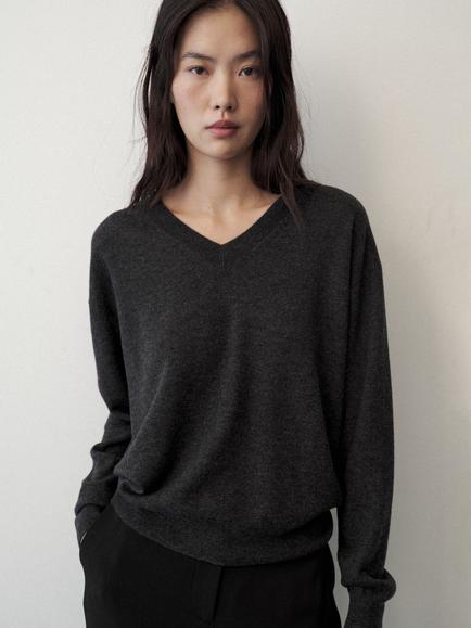 Mango Wool V-Neck Jumper, Anthracite