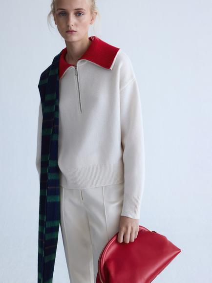 Mango Half Zip Cashmere Blend Jumper, Off White, Off White
