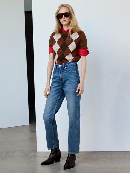 Mango Argyle Check Short Sleeve Jumper, Brown, Brown