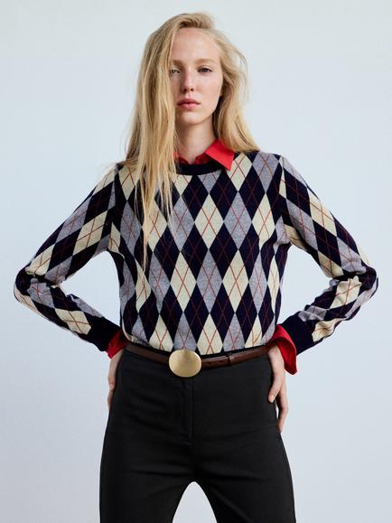 Mango Argyle Check Crew Neck Jumper, Navy, Navy