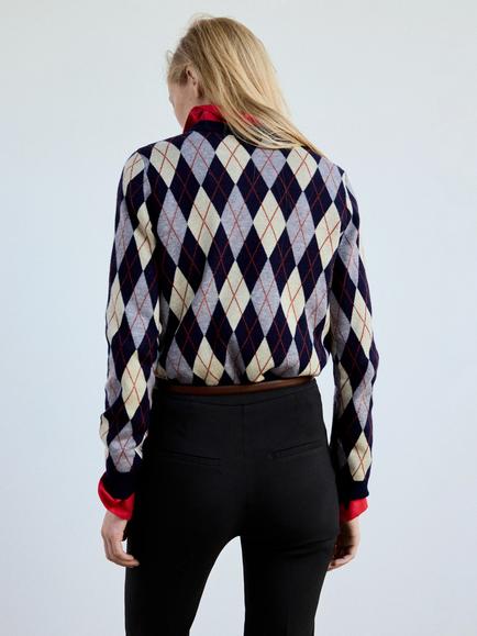Mango Argyle Check Crew Neck Jumper, Navy - view 2, Navy