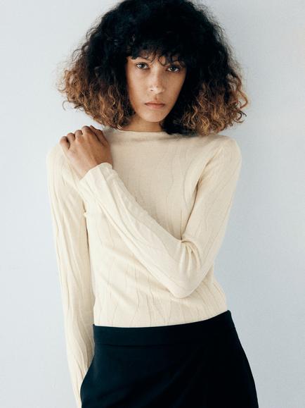 Mango Wave Textured Fitted Crew Neck Knit Top, Raw, Raw