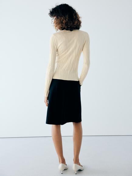 Mango Wave Textured Fitted Crew Neck Knit Top, Raw - view 2, Raw