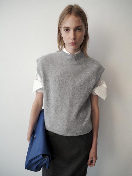 Mango Sculpted Mock Neck Wool Vest, Grey, Grey