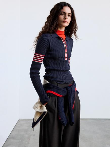 Mango Stripe Fine Knit Polo Jumper, Navy, Navy
