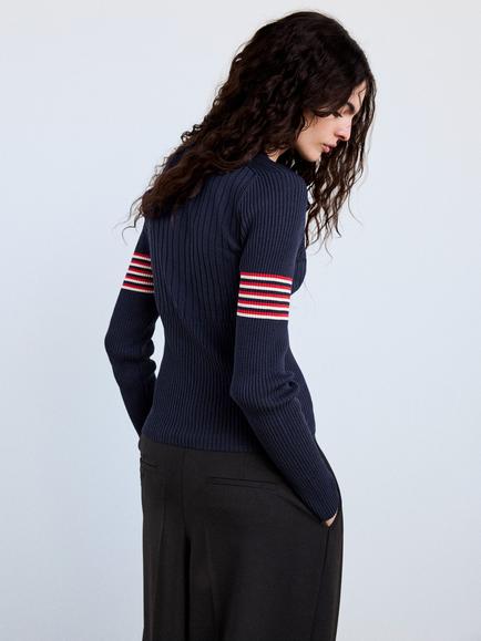 Mango Stripe Fine Knit Polo Jumper, Navy - view 2, Navy