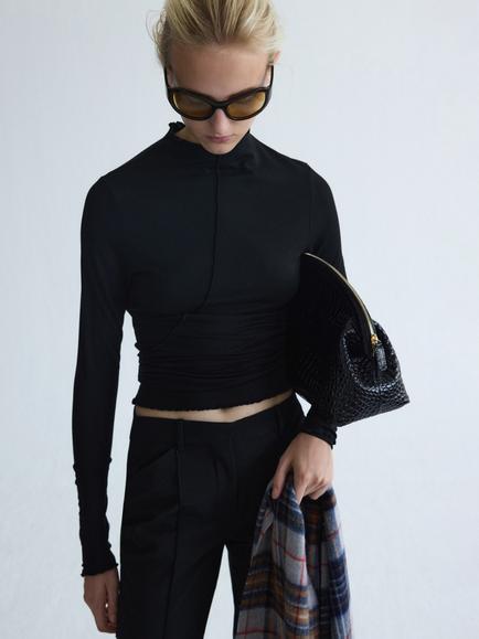 Mango Funnel Neck Long Sleeve Top, Black, Black