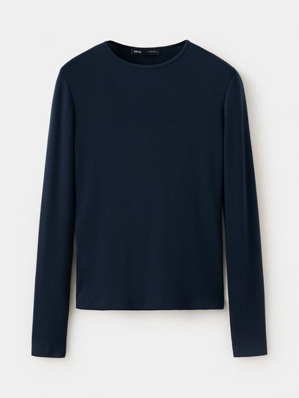 Mango Long-Sleeve Ribbed T-Shirt, Navy, Navy