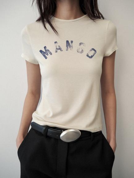 Mango Distressed Logo Crew Neck T-Shirt, Off White, Off White