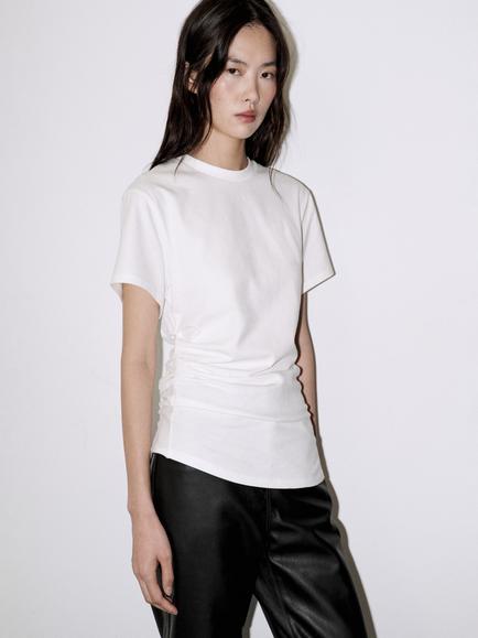 Mango Ruched Crew Neck T-Shirt, White, White