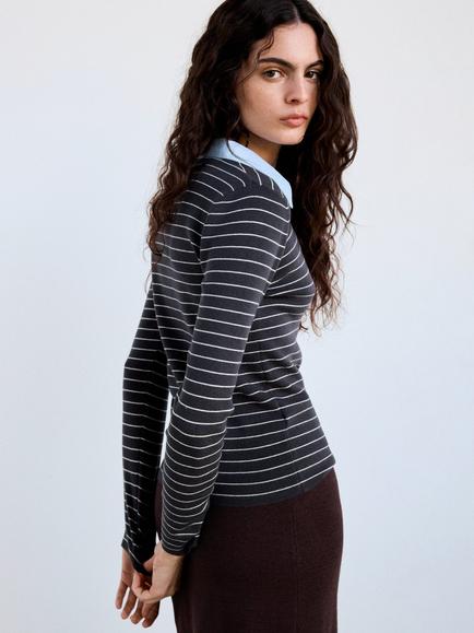 Mango Collared Striped Jersey Polo Top, Mid Grey Melange - view 2, Mid Grey Melange