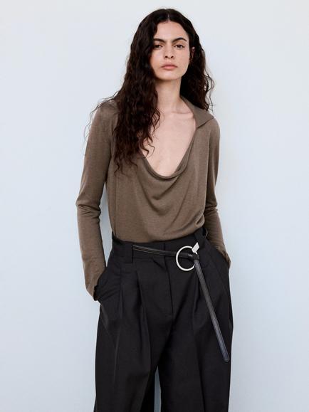 Mango Draped Cowl Neck Long Sleeve Knit Top, Taupe, Taupe