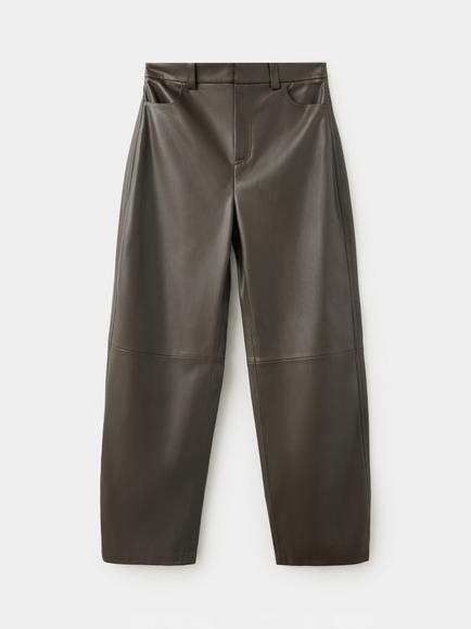 Mango High-Rise Barrel Faux Leather Trousers, Khaki, Khaki