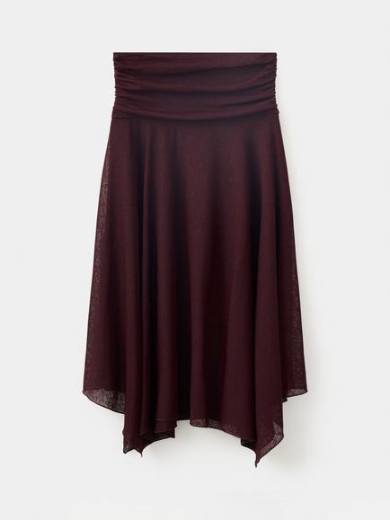 Mango High Waist Asymmetric Ruched Midi Skirt, Bordeaux, Bordeaux