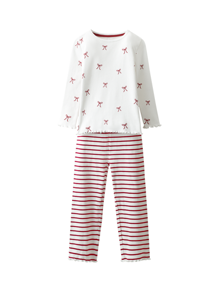 The White Company Kids' Long Sleeve Bow and Stripe Pyjama Set, White/Red, White/Red