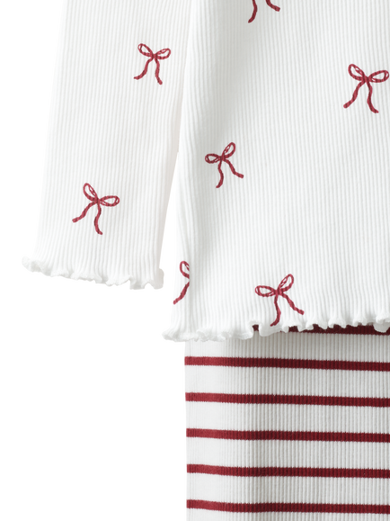 The White Company Kids' Long Sleeve Bow and Stripe Pyjama Set, White/Red - view 2, White/Red