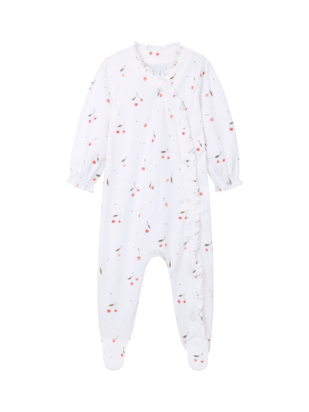 The White Company Baby Cotton Cherry Print Frill Sleepsuit, White/Pink, White/Pink
