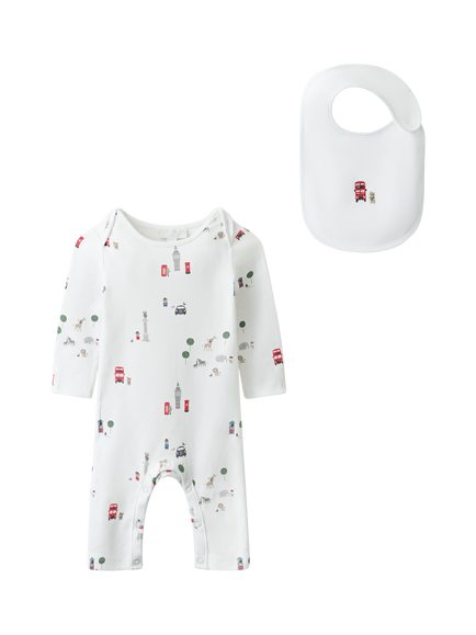 The White Company Baby London Print Sleepsuit and Bib Set, White, White