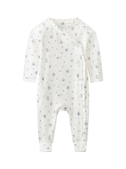 The White Company Baby Minnie Floral Sleepsuit, White/Blue, White/Blue