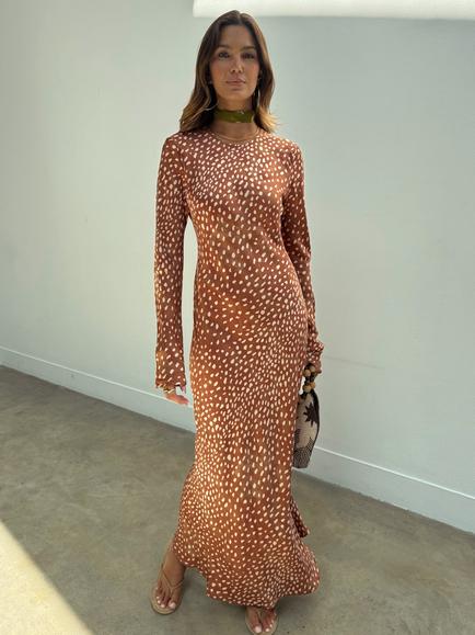 Never Fully Dressed Deer Print Soho Maxi Dress containing LENZING™ ECOVERO™ Viscose, Rust/Cream, Rust/Cream