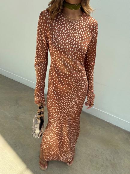 Never Fully Dressed Deer Print Soho Maxi Dress containing LENZING™ ECOVERO™ Viscose, Rust/Cream - view 2, Rust/Cream