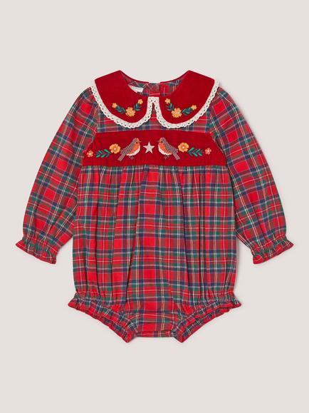 Monsoon Baby Embroidered Robin Tartan Print Romper, Red, Red