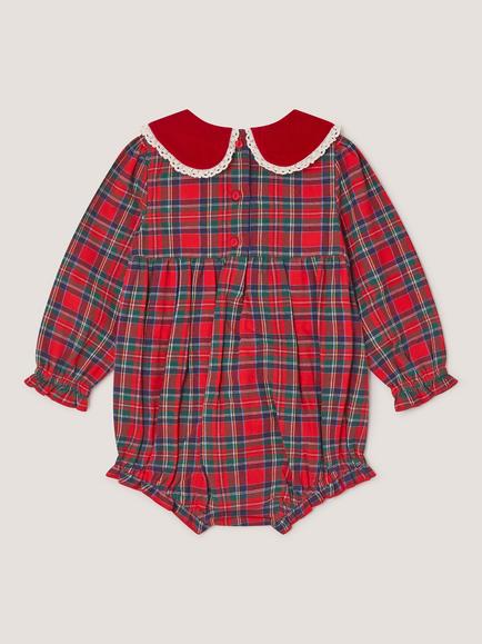 Monsoon Baby Embroidered Robin Tartan Print Romper, Red - view 2, Red