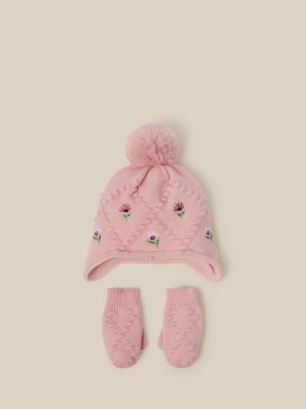 Monsoon Baby Floral Trapper Hat & Mitten Set, Pink, Pink