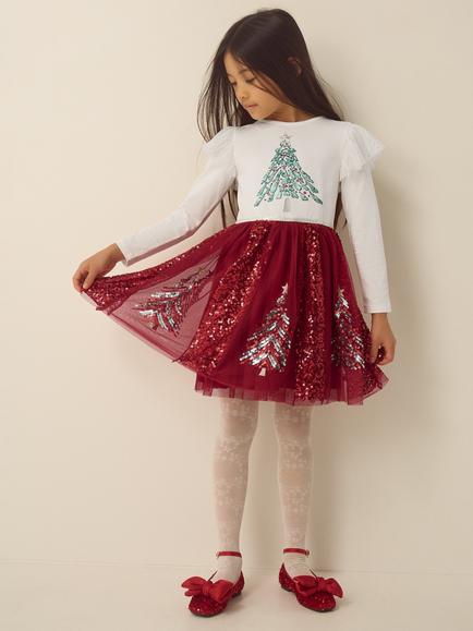 Monsoon Kids' Long Sleeve Sequin Christmas Tree Dress, Ivory, Ivory